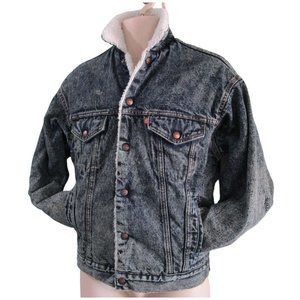 Levi's Denim Sherpa Trucker Jacket XS Red Tab Small e Distressed Acid Wash 1980s